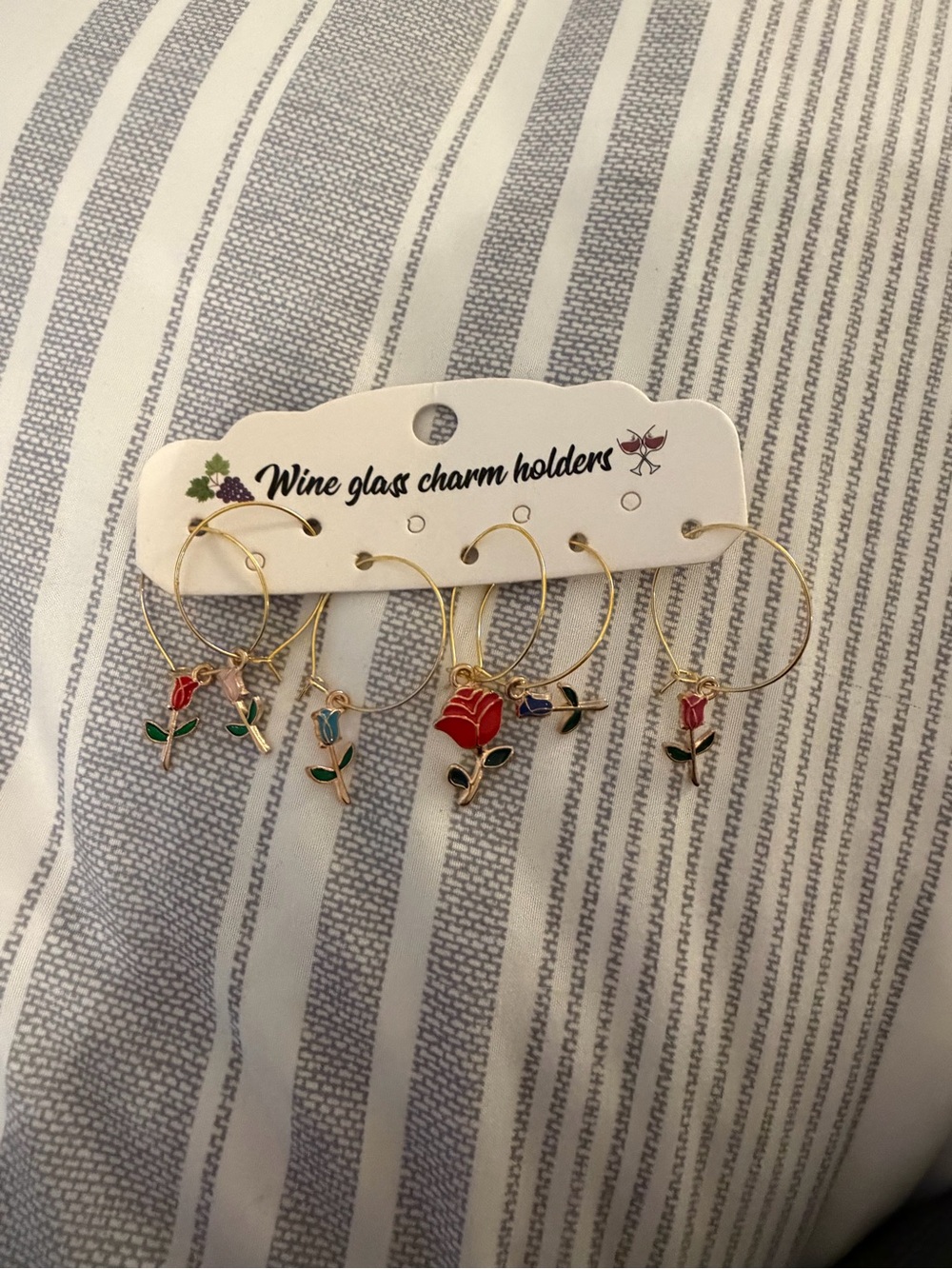 Gold Rose Wine Glass Charm Set - Floral Enamel Charms